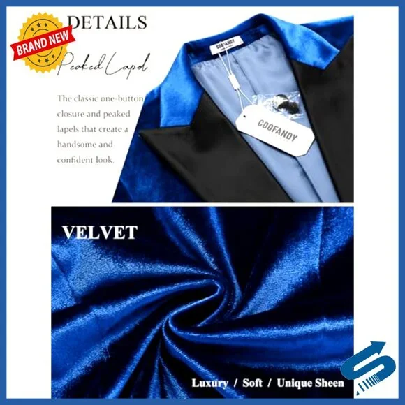 Slim Fit Velvet Tuxedo Jacket One Button Blazer for Wedding Prom Party